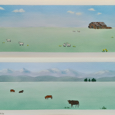 Greener Pastures & 'Till the Cows Come Home. Mixed media on paper, 2025. SOLD.