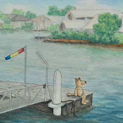 Familiarity pt. IV: Pelican Waters. Watercolour on 8.5” x 5.5” paper, 2025. SOLD.