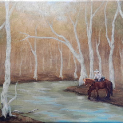 Stockman on the Murray River. Acrylic on 24” x 12” canvas, 2025. SOLD.